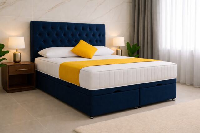 5ft Kingsize Chesterfield Blue Plush Ottoman End Open Bed with Headboard and Mattress Set