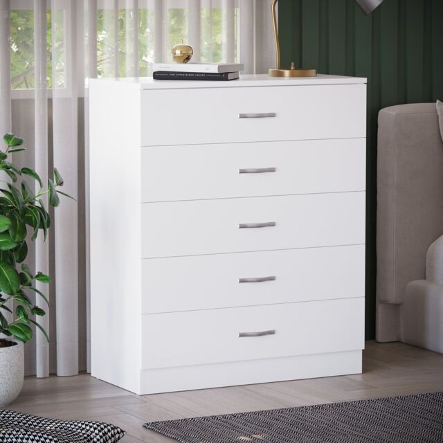 Vida Designs Riano 5 Drawer Chest of Drawers Bedroom Storage, White