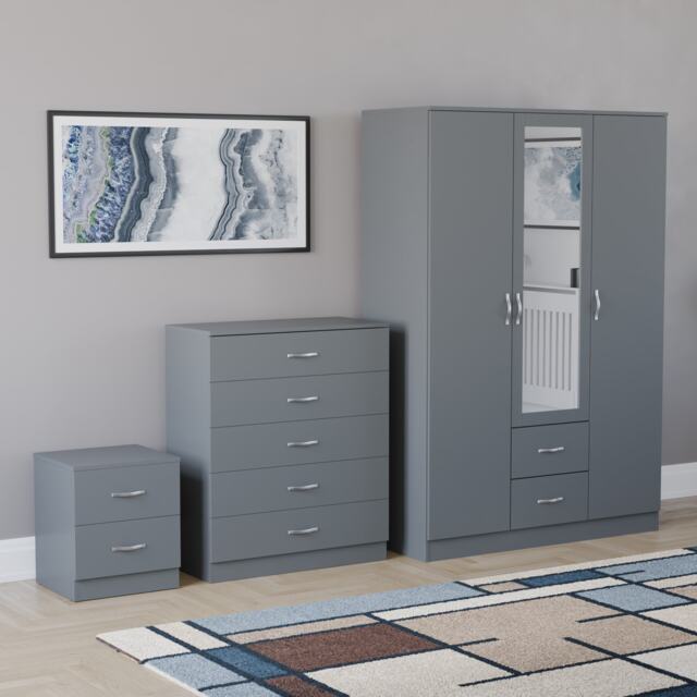 Vida Designs Riano 3 Piece Bedroom Set (2 Drawer Bedside Chest, 5 Drawer Chest, 3 Door 2 Drawer Mirrored Wardrobe) - Grey