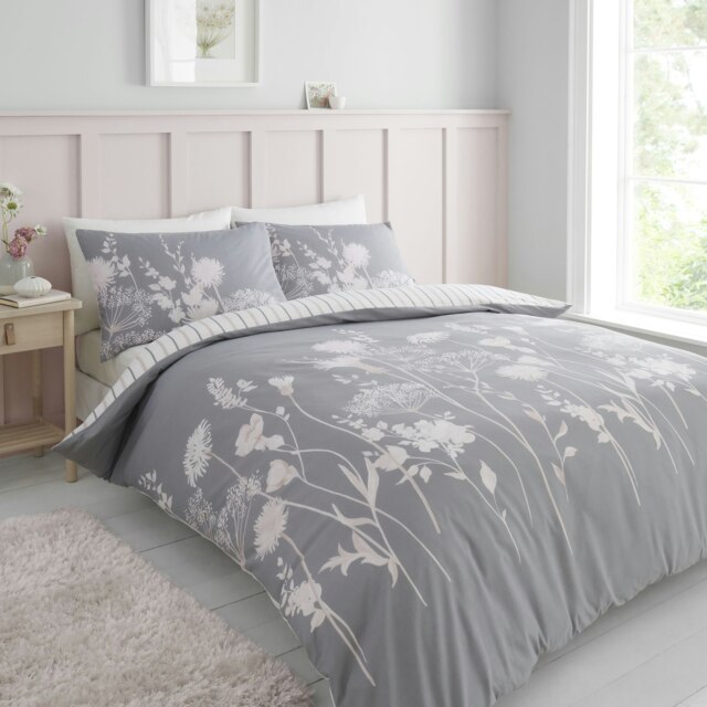Catherine Lansfield Meadowsweet Floral Reversible Double Duvet Cover Set Grey Pink