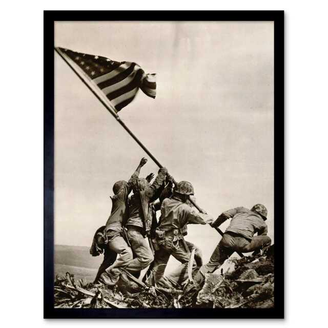 "War WWII Iwo Jima Stars Stripes Flag 12x16"" Framed Wall Art Print"