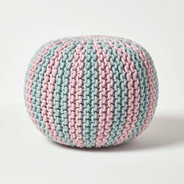 Homescapes Pink and Blue Knitted Pouffe Striped Footstool - 35 x 40 cm