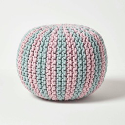 Homescapes Pink and Blue Knitted Pouffe Striped Footstool - 35 x 40 cm