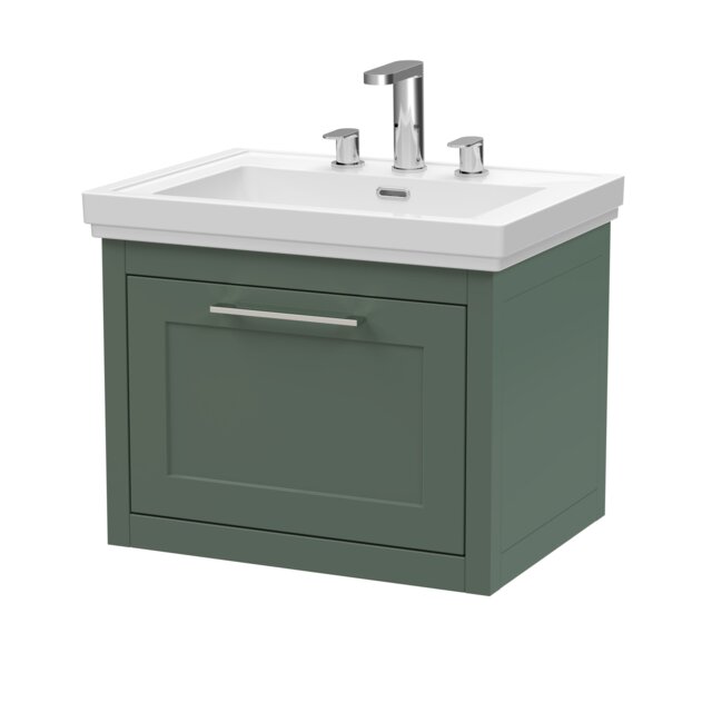 Balterley Traditional Bathroom Wall Hung 1 Drawer Vanity Unit and 3 Tap Hole Fireclay Basin Green Forest Green