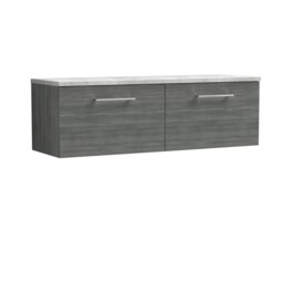 Balterley Level Wall Hung 2 Drawer Vanity Unit & Laminate Worktop for Contemporary Bathroom Storage Grey Anthracite Woodgrain