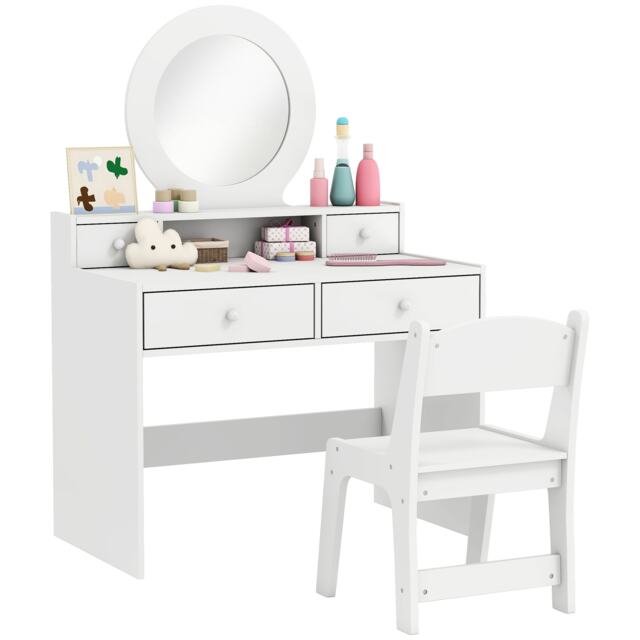 AIYAPLAY Kids Dressing Table Set w/ Stool, Mirror, Drawers - White