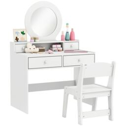 AIYAPLAY Kids Dressing Table with Mirror and Stool, Kids Vanity Table Make up Set with Storage Drawers Gift, White White White