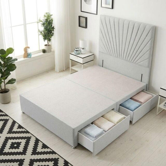 Sunburst Divan Bed with 2 Drawers & 54'' Floor Standing Headboard Linen Fabric Grey Sage