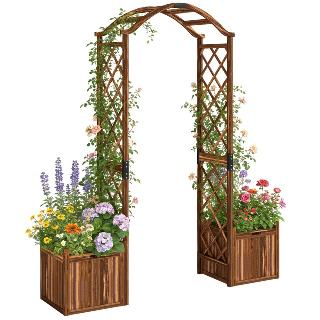 Outsunny Wooden Garden Arch with 2 Planter Boxes, Decorative Garden Arbor Brown Carbonised finish 170.5 x 42 x 200 cm