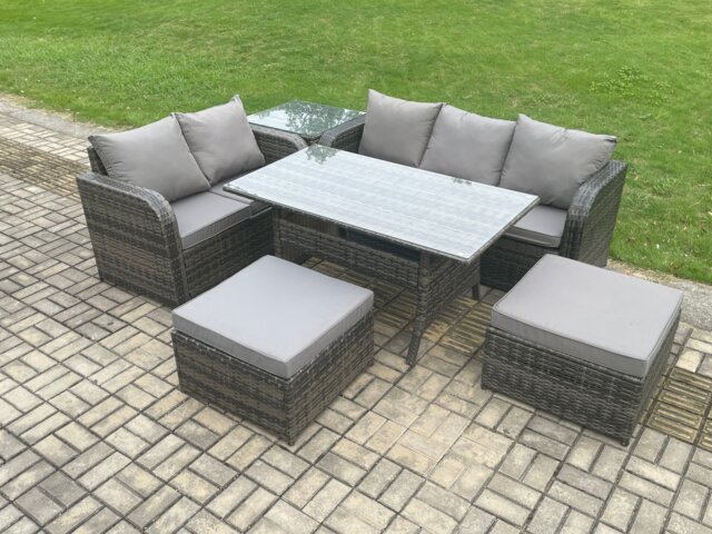 Fimous Patio Rattan Garden Furniture Set with Oblong Rectangular Dining Table 2 Big Footstool Side Table 7 Seater Outdoor Lounge Sofa Set Dark Grey Mixed