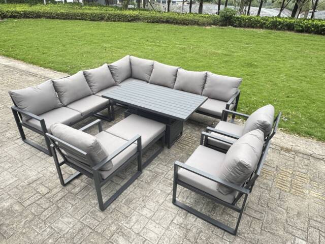 Fimous 11 Seater Aluminium Sofa Set 10 Pieces Outdoor Garden Furniture - Rising Dining Table with Cushions Big Footstool 3 Chairs Footstool Dark Grey