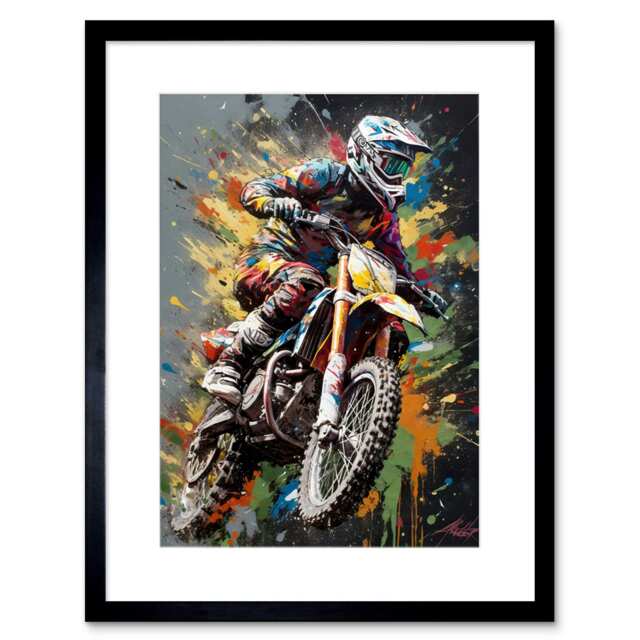 "Dirt Bike Sport Splatter Paint Motocross Rider 9x7"" Black Framed Wall Art Print"