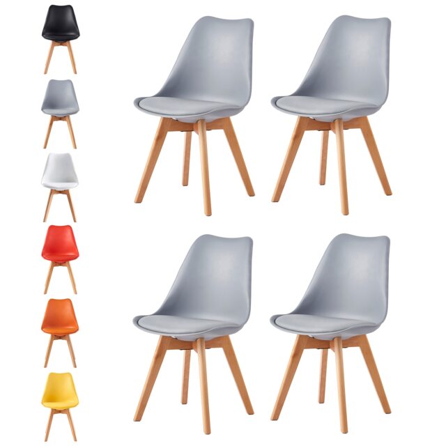 Set of 4 Dining Chairs with Solid Wooden Legs and Seat Cushion Pads in Grey - Eva by MCC