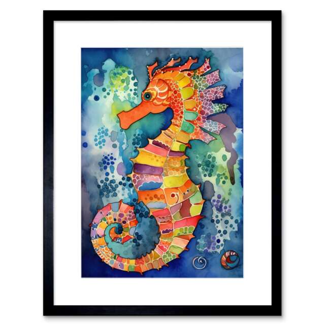 "Vibrant Colour Pattern Seahorse Folk Art 9x7"" Black Framed Wall Art Print"