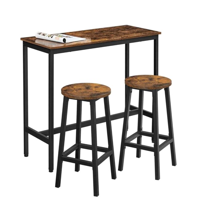Breakfast Bar Table Set with 2 Round Stools, Industrial Dining Table and Chairs, Steel Frame, Rustic Brown and Ink Black