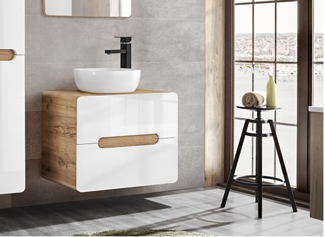 Wall Hung Bathroom Cabinets Furniture Set 600mm Vanity Sink Unit with Oak Countertop Tall Storage Cabinets White Gloss Aruba