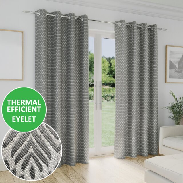 "Enhanced Living Aspen Grey Chevron Pattern 46 x 54"" (117x137cm) Eyelet Thermal Noise Reducing Room Darkening Curtains (PAIR) Grey Grey 2"