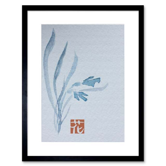 "Japanese Art Watercolour Blue Flower 9x7"" Black Framed Wall Art Print"