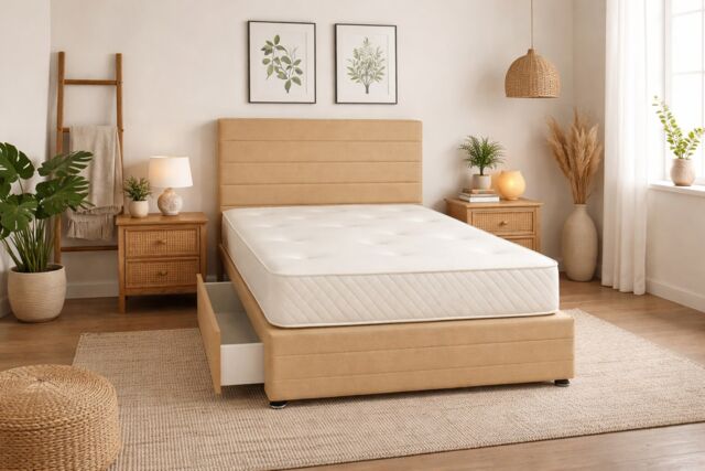 Divan Bed Set Headboard and Footboard with Mattress 4ft Small Double Coffee Suede Storage No Drawers
