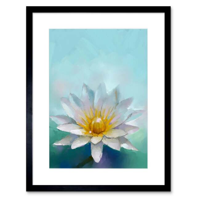 "Lotus Flower Water Lily Aquatic Plant Bloom Painting 9x7"" Black Framed Wall Art Print"
