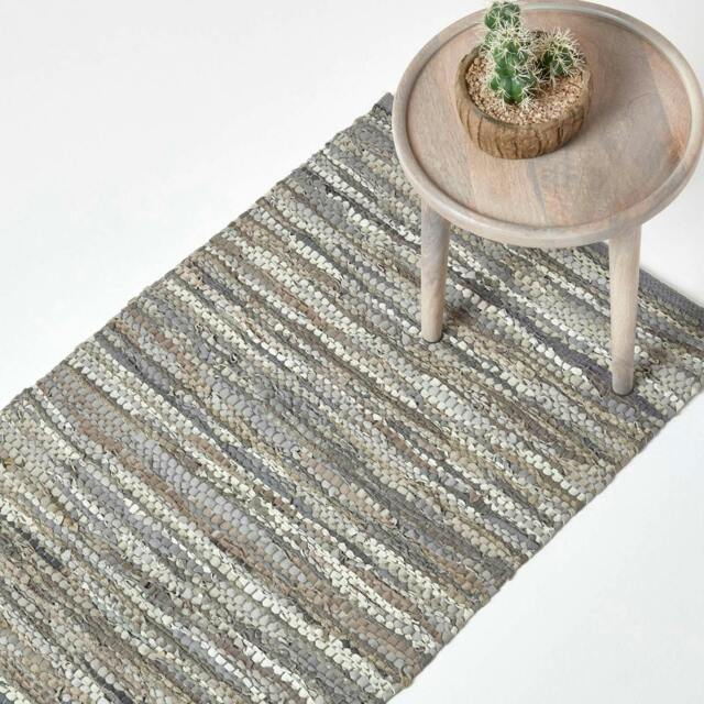 Homescapes Denver Leather Woven Rug Grey Hall Runner - 66 x 200 cm Grey Grey