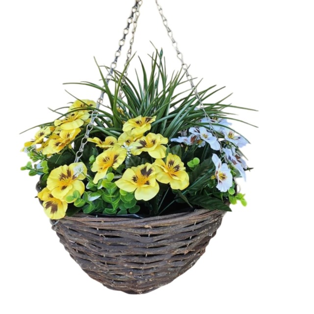 Best Artificial 14 Inch Yellow & White Faux Pansy Flower with Rattan Wicker Hanging Basket for Indoor or Outdoor Use Yellow Yellow 1
