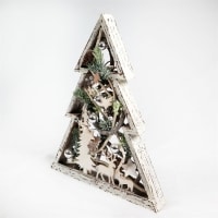 Christmas Pre-Lit Warm White LED Frame Centrepiece Decoration with Pinecones and Baubles Star/Rectangle, Wooden Tree