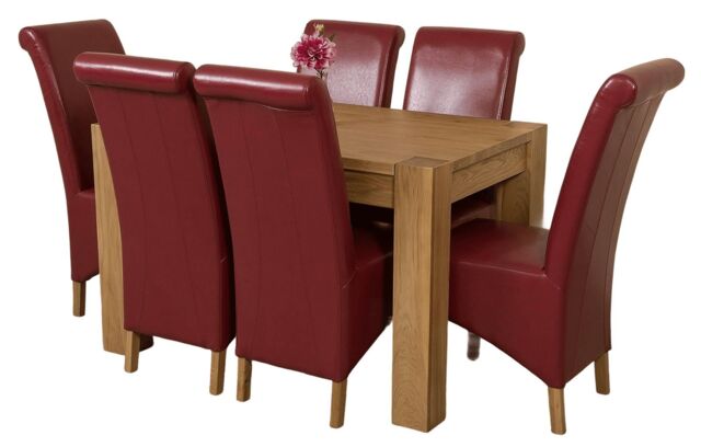 Kuba 125 x 80 cm Chunky Oak Small Dining Table and 6 Montana Leather Chairs Red Red