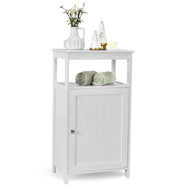 COSTWAY Bathroom Floor Cabinet Single Door Floor Cabinet White 1