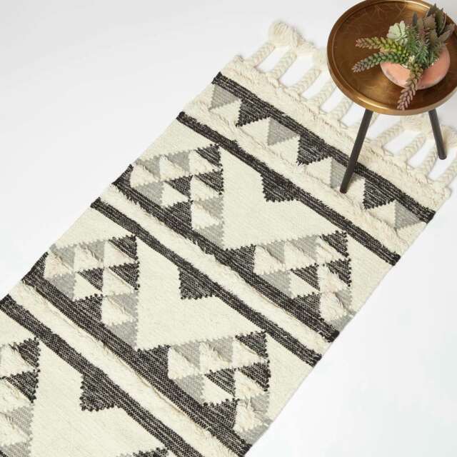 Homescapes Kota Black and Grey Kilim Runner Wool Rug - 66 x 200 cm Grey 66 x 200 cm