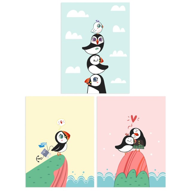 Set of 3 Kids Bedroom Nursery Cute Puffin Birds Family Explorer Wall Art Print A4
