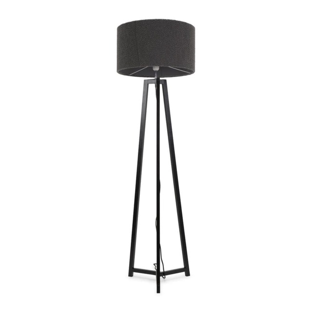 ValueLights Lottie Black Wood Tripod Floor Lamp Charcoal Boucle Shade and Bulb