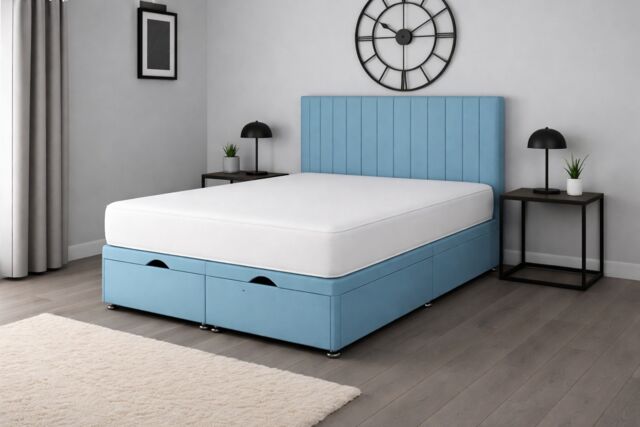 Divan Sky Blue Ottoman Storage Bed Set with Headboard and Mattress 4ft6 Double