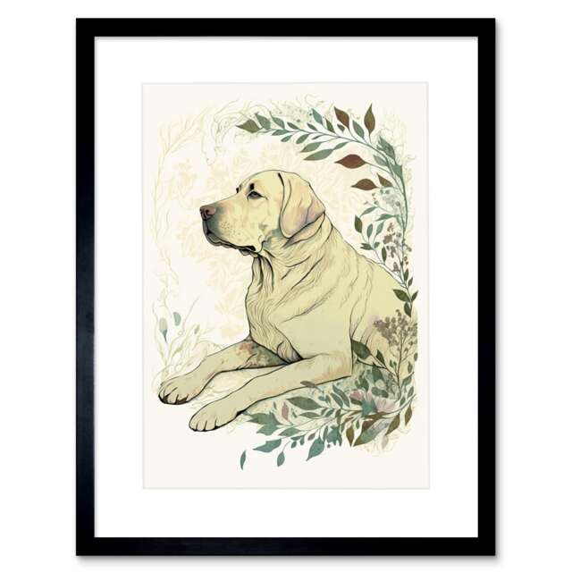 "Labrador Retriever Dog Lying Field Modern 9x7"" Black Framed Wall Art Print"