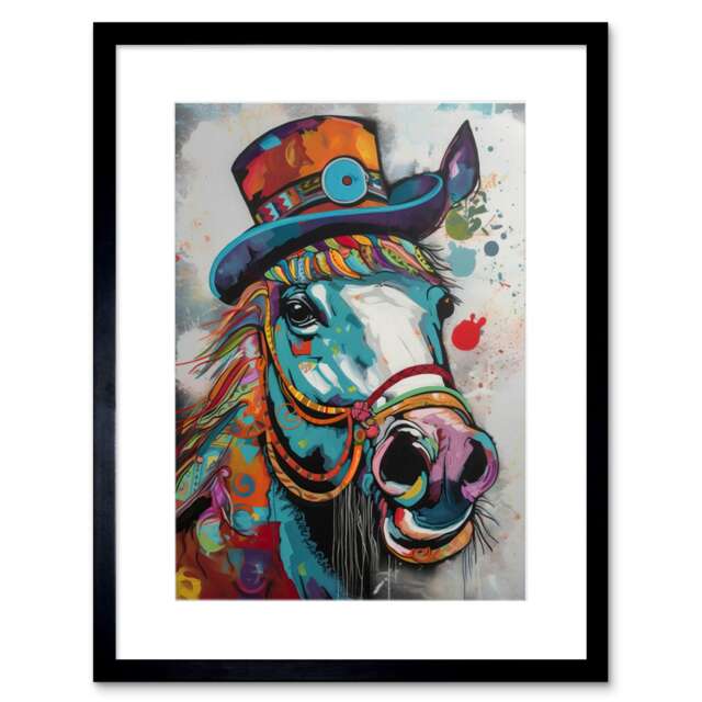"Horse Hippie Bridles Top Hat Animal Painting 9x7"" Black Framed Wall Art Print"