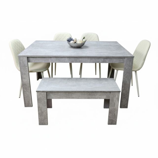 Wooden Rectangle Dining Table with Bench and 4 Cream Chairs Dining Room Furniture