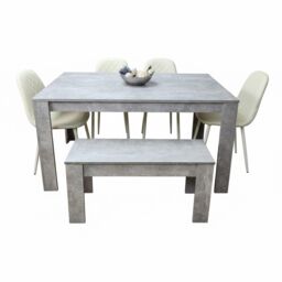 Wooden Rectangle Dining Table with Bench and 4 Cream Chairs Dining Room Furniture
