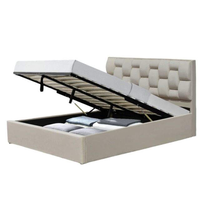 5ft King Size Plush Velvet Weaved Headboard Ottoman Storage Bed Frame In Cream