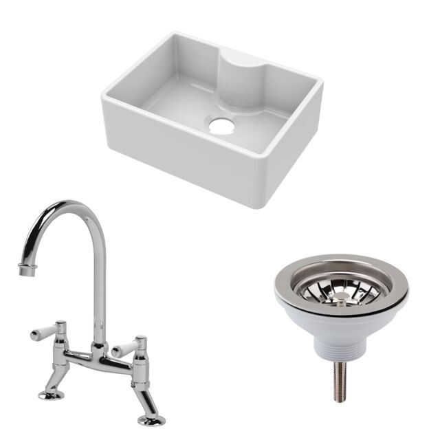 Balterley Fireclay Single Bowl Butler Kitchen Sink Bundle with Tap Ledge, Bridge Mixer Tap and Waste White White 3