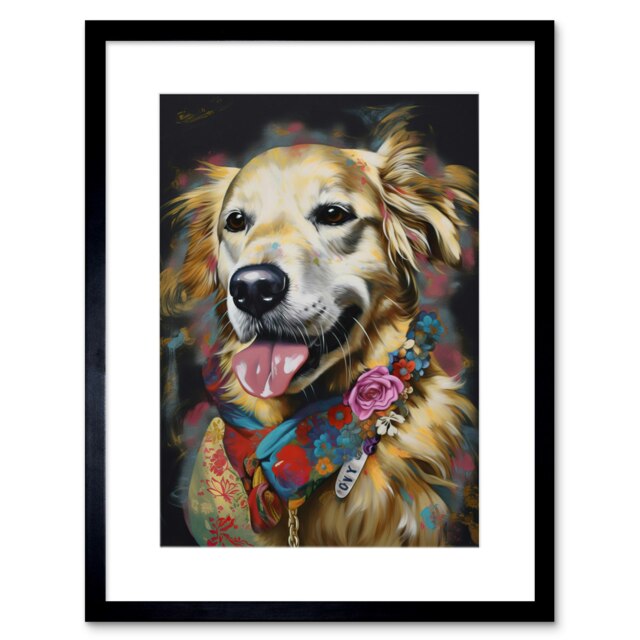 "Golden Retriever Dog Floral Bandana Collar 9x7"" Black Framed Wall Art Print"