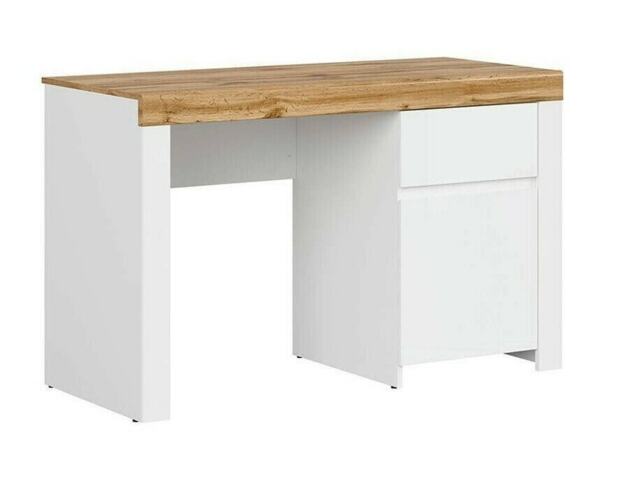130cm Desk with Drawer Storage Cupboard Wide Oak Effect Top Study Home Office Computer Table White Gloss Scandi Holten