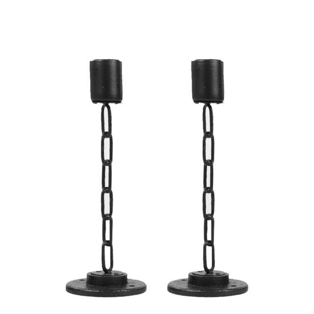 Black Metal Chain Link Design Candle Holder With Wooden Stand Home Decor Black Black Set Of 2 - Medium