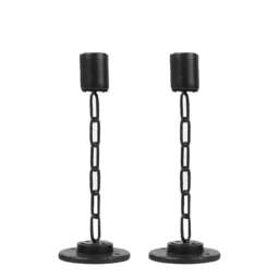 Black Metal Chain Link Design Candle Holder With Wooden Stand Home Decor Black Black Set Of 2 - Medium