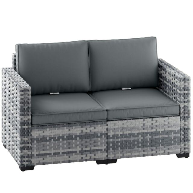 Outsunny 2 Seater Rattan Garden Sofa with Deep Seat, Wide Arms, Mixed Grey Grey Mixed Grey Two Seater