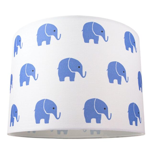 Blue Elephants Children's/Kids White Cotton Fabric Bedroom Lamp or Pendant Shade White White 1