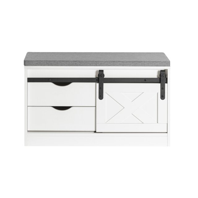 SoBuy Hallway Shoe Bench with Sliding Door, 2 Drawers & Seat Cushion, White, 31.5x11.8x19.3 in, 19.05 kg - FSR153-W