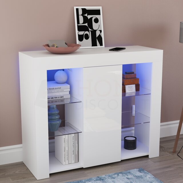 Vida Designs Azura 1 Door LED Large Sideboard Buffet Cabinet Storage, White White 1