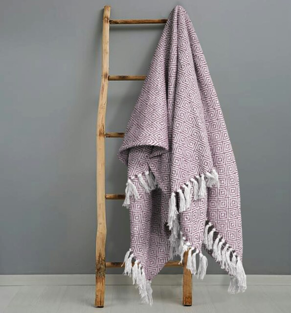 Velosso Luxury Jacquard Diamond Cotton Tassel Throw - 228cm x 254cm Pink