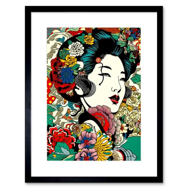 "Modern Geisha Portrait Flower Patterns Bright Floral Japan 9x7"" Black Framed Wall Art Print"