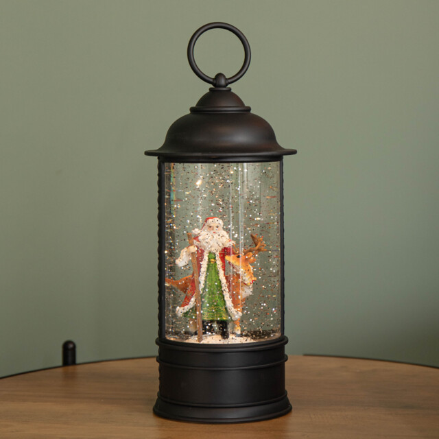29cm Dual Power LED Christmas Glitter Water Spinner Black Lantern Santa & Reindeer Scene